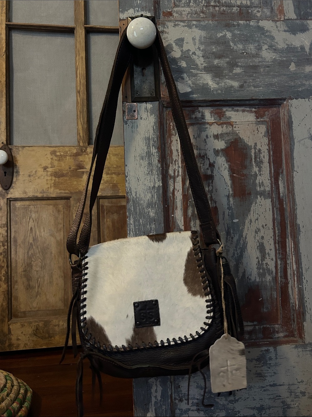 STS Ranchwear Fringe Brown and White Leather, Suede, and Cowhide Shoulder Bag